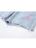 High Waist Knee Length Heart Print Denim Shorts Streetwear Y2K Harajuku Short Pants Female 2022 Summer Baggy Jean