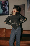 Tie Dye Designer Tops For Women Waffle Break Hollow Out Asymmetrical Long Sleeve Blouse Fashion