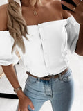 Women Simple Solid Buttoned Blouses Office Ladies Short Sleeve New Casual Fashion Tops Sexy Slash Neck Off Shoulder