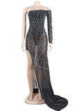 Sexy Rhinestone Crystal Sheer Side Split Irregular Maxi Dress Women Off The Shoulder One Sleeve Party Club Long