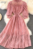Women Lace Dress Spring Summer Elegant Stand Collar Puff Sleeve High Waist Party Vestidos Female Runway Robe 2023