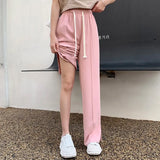 Summer Ice Silk Wide Leg Pants Women Korean Style High Waist Split Straight Trousers Simple Loose Drape Casual