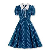 Green Vintage Retro 50s 60s Women Dress Polka Dots Printed Short Sleeve Turn Down Collar Rockabilly A Line Party