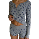 Women Spring Summer Outfit Sets Long Sleeve V Neck Floral Tops + Elastic Band Button Shorts Harajuku Retro Pjs
