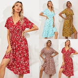 Printed Casual Beach Midi Dresses Women Summer V-neck Short Sleeve Empire Waist A-Line Dress Sundress Vestido Robes