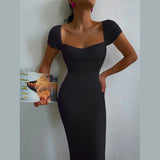 Woman Spring Summer Square Collar Short Sleeve Bodycon Knitted Mid-calf Office Dress Female Green Purple Elegant