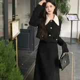 Spring Autumn High Quality Black White Corduroy Jacket Robe Tweed Skirt Two Piece Luxury Black Tweed Jacket Set Office