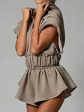 Two Piece Set For Women Solid Zipper Sleeveless Crop Top Shorts Ladies 2022 Spring New Vintage Elegant Sets