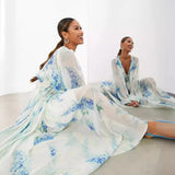 Women's Printed Chiffon Dress V Collar Folded Waist Drawstring Long Sleeve