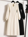 Winter Knitwears Sweater Dresses Office Ladies Elegant Solid Lantern Sleeve High Waist A-line Knitted Dresses 4XL