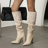 Women Boots Fashion Pleated Knee High Boots Pu Leather Square High Heel Long Boots Slip On Winter Boots Shoes
