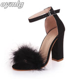 Strap High Heels Faux Fluffy Rabbit Fur Women Sandals 2020 Thick High Heel Party Wedding Summer Lady