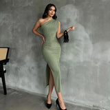 Zingj Summer New Oblique Shoulder Solid Color Open Slit Sleeveless Sexy Temperament Slim Dress