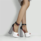 Onlymaker Women's Sandals Platform Peep Toe Chunky Square Heels Ankle Strap Sandals Black And White Stripes Party Fashion