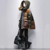 Women 2023 Winter New Denim Stitching Down Jackets Female Thick Warm Hooded Overcoats Loose 90% White Duck Down