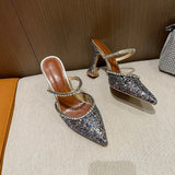 Summer New Pointed Toe Rhinestone Sequined Stiletto Slippers Leopard Print Baotou Half Drag