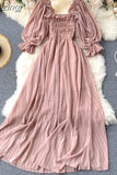 Beach Chiffon Long Dress Elegant Solid Lantern Sleeve High Waist Women Maxi Dress Party Club Ladies Vestidos 2023