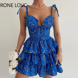 Women Elegant Spaghetti Strap All Over Print with Disty Floral Pattern Mini Cascading Ruffles Hem Vacation Sexy Sweet