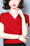 Blouses for Women Fashion Satin Casual T-shirt Solid V-neck Womens Tops Silk Elegant Short Sleeve Blouse Women