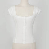 Button Sexy Tank Tops Women Square Collar Solid Knit Casual Basic Summer Ribbed Slim Ruffles Tops Women