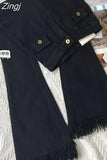 Women Fashion Flare Jeans Tassel Baggy Denim Trousers High Waist Loose Elasticity Korean Style Street Femme Wide Leg