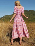 Queens Women Floral Print Beach Bohemian Maxi Dresses Ladies V Neck Front Button Rayon Boho Pleated Sundress