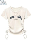 Women T-shirt Y2k Tees Girl Cute Sexy Streetwear Short Sleeve O-neck Letter Printed Cropped Tops Ladies Casual