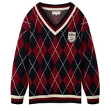 Brand Chic Vintage V-neck Argyle Sweater Women Harajuku Teens Loose Winter Pullovers Green Red Y2K Preppy Clothes