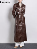 Spring Autumn Long Shiny Reflective Crocodile Print Patent Pu Leather Trench Coat for Women Runway European