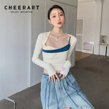 2 Piece Shrug Crop Top Women Beige Patchwork Spaghetti Strap Corset Cami Top Korean Fashion Designer Top