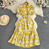 Vintage Women Printed Long Dress Elegant Turn-Down Collar Single Breasted Short Sleeve High Waist A-Line Maxi Vestido