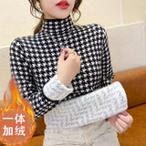 Winter High Collar Houndstooth Plus Velvet Sweater Ladies Slim All-match Bottoming Pullover Top Women Casual Warm
