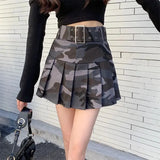 Camouflage Vintage Women Cargo Mini Skirt Fashion Belt High Waist Pleated A-Line Skirt Female Streetwear Sexy Skirt