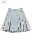 Waist Denim Mini Skirt Women Korean Vintage New Fashion Slimming Versatile Denim Button Lotus Leaf Pleated Skirts