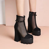 New Super High Heel Fashion Net Boots Women Flock Platform Zipper Ankle Boots Spring Summer Thick Heel Round Toe