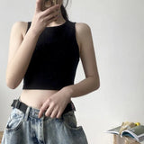 new ladies retro crop top high waist slimming stretch slim short sleeveless bottoming
