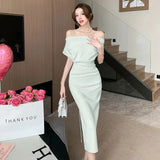 Temperament Celebrity Wind Sexy Strapless Oblique Collar Dress Female Spring and Summer Slim Open Package Hip Long
