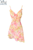 Women Sexy Backless V-Neck Floral Print Suspender Dress Fashion French Elegant Holiday Party Club Sweet Mini Dress 2023