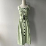 Green Cotton Mini Dress Summer for Woman Front Buttons Camisole Dress Split Square Collar Belt robe
