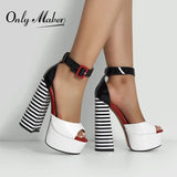 Onlymaker Women's Sandals Platform Peep Toe Chunky Square Heels Ankle Strap Sandals Black And White Stripes Party Fashion
