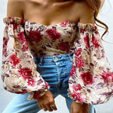 Floral Print Strapless Chiffon Shirt Fashion Women Off Shoulder Halter Sexy Blouse Shirt Summer Backeless Tops