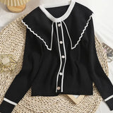 Fashion Woman Sweaters Embroidered Cropped Knitted Sweater Vintage Cute Peter Pan Collar Female Pullovers Chic