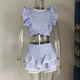 Plaid Ruffle Crop Top And Shorts Set- Outfit