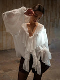 Early Spring New High-End French Design Wood-Side Chiffon Women Loose V-Neck Solid Color Niche