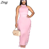 Women 2023 Summer Tassel Side Maxi Skirts Suit Sleeveless Tops Beach Matching Two 2 Piece Set