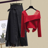 Women Sets Mesh Patchwork Slash Neck Tops + Asymmetric Skirt 2 Piece Suit Female Party Suits Elegant Casual Two Piece
