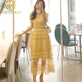 Lace Hollow Yellow Elegant Midi Women Dress High Waist A-line Vintage Womens Clothing Casual Fitted Dress Maxi