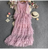 High-End Feel Leaf Edge Mesh Cake Dress Women's Waist Thin Temperament A Word Shoulder Super Fairy Long