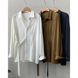 Korean Belt Lace Up Shirts Women Elegant Long Sleeve Bandage Loose Chic Blouses Office Lady Solid Simple All Match