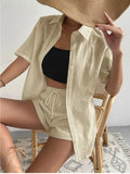Women Solid 2Pc Sets Homewear Fashion Lapel Button Shirts and Mid Waist Shorts Suits Women Long Sleeve Pockets
